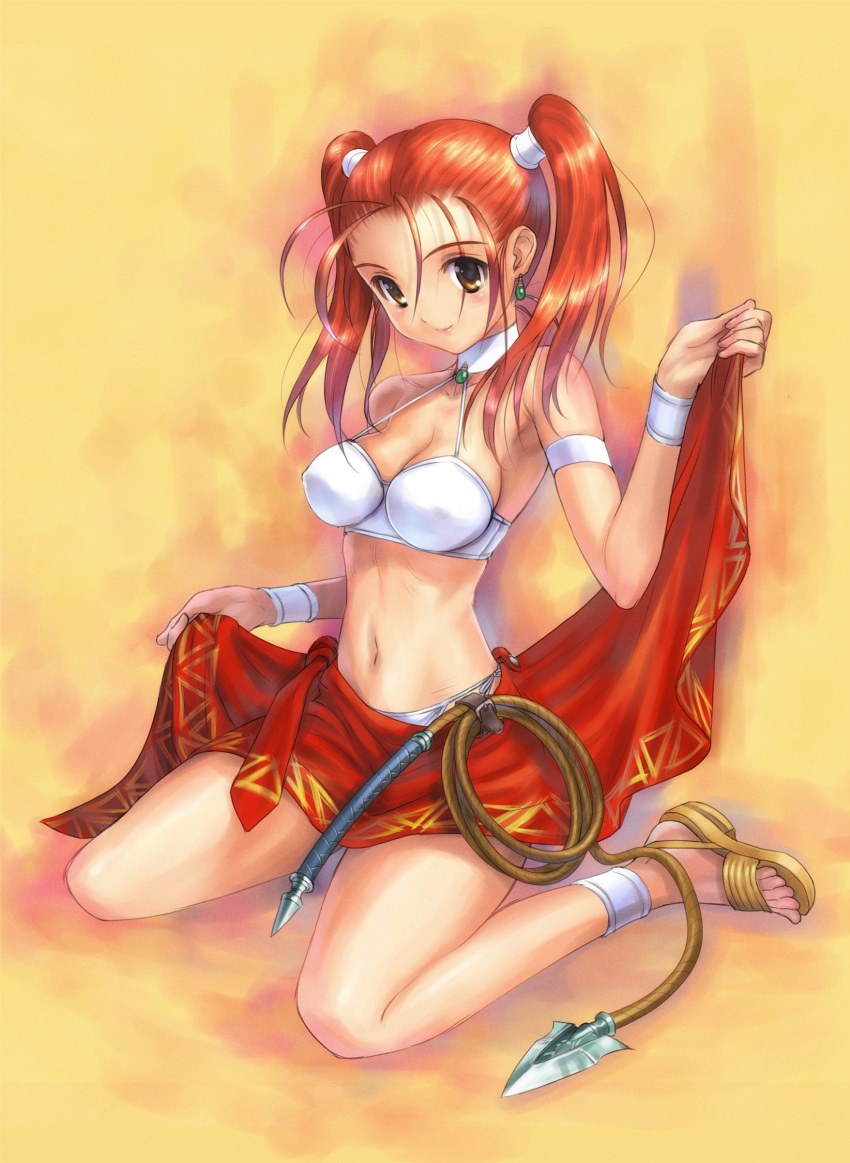 1girl absurdres alternate_costume bikini_top dancer's_costume_(dq) dragon_quest dragon_quest_viii earrings goto_p highres jessica_albert jewelry redhead solo square_enix twintails whip yellow_eyes