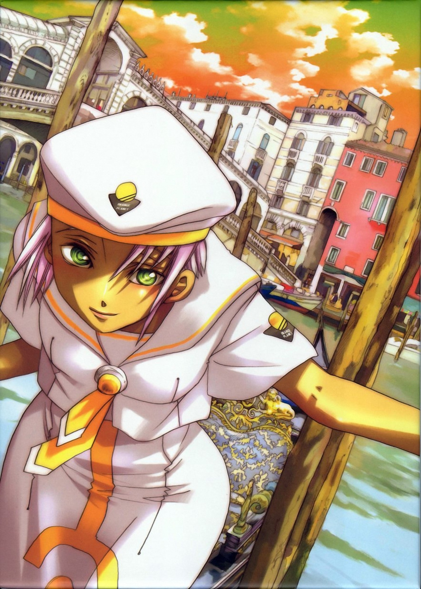 1girl amano_kozue aria athena_glory clouds dark_skin green_eyes hat highres jpeg_artifacts leaning_forward official_art outdoors scan short_hair silver_hair sky smile solo sunset uniform venezia venice water