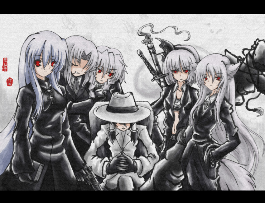 6+girls albino alternate_costume animal_ears auer book color_connection contemporary desert_eagle fedora female formal gangster gun hakurei_reimu handgun hat inubashiri_momiji izayoi_sakuya kamishirasawa_keine katana konpaku_youmu konpaku_youmu_(ghost) long_hair mafia multiple_girls odd_one_out pant_suit pistol red_eyes semiautomatic suit sword tail touhou weapon white_hair wolf_ears wolf_tail yagokoro_eirin yakuza