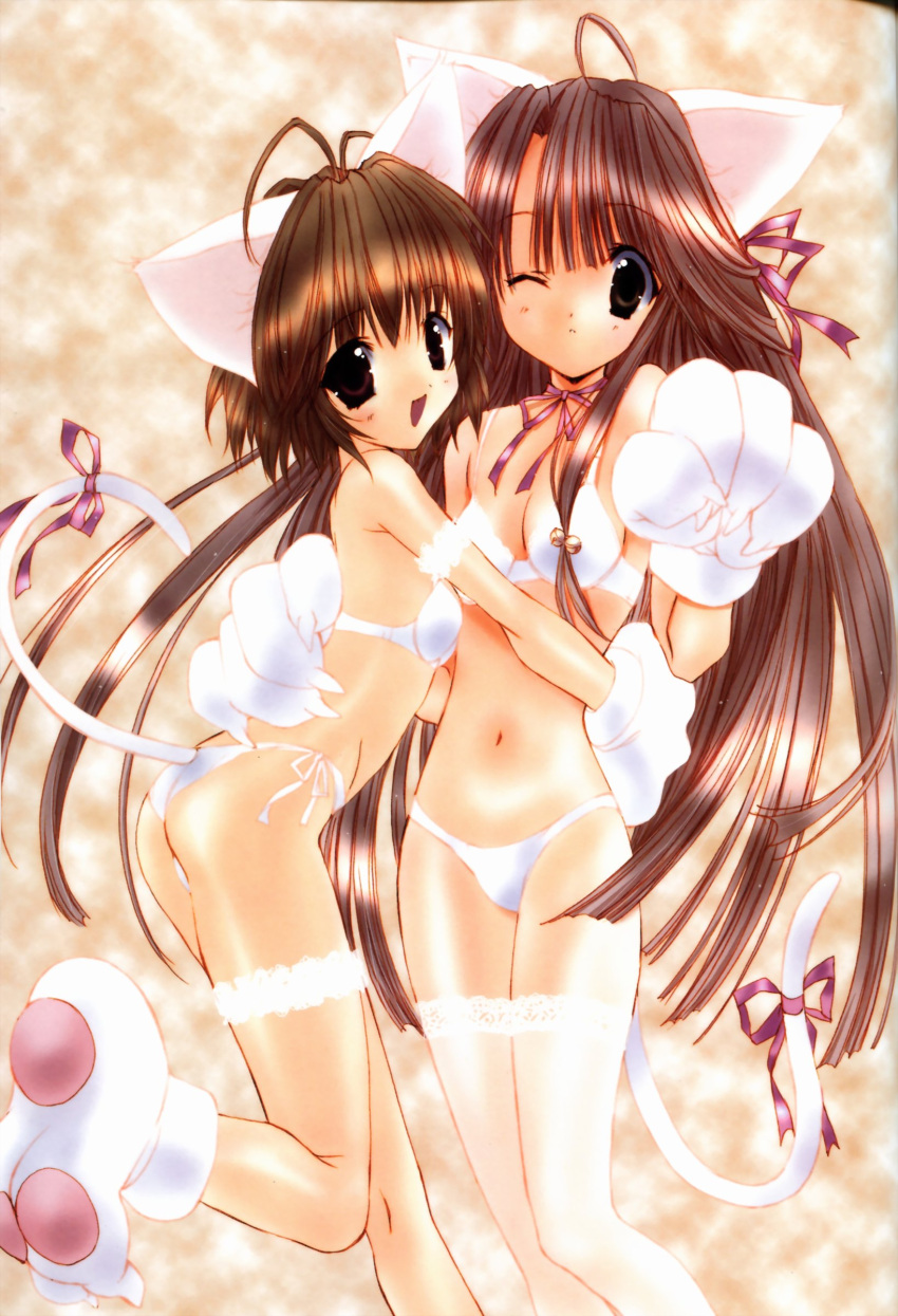 2girls absurdres ahoge animal_ears artbook bow bra cat_ears cat_gloves cat_paws cat_tail garters hair_bow highres lace lingerie multiple_girls nanase_aoi original panties paws seven_colors_of_the_wind side-tie_panties tail thigh-highs underwear underwear_only white_bra white_panties