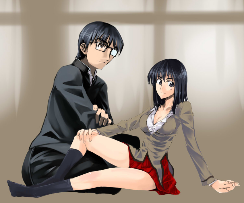 00s 1boy 1girl black-framed_eyewear black-framed_glasses black_hair black_legwear blue_eyes blush breasts cleavage collarbone cosaten couple crossed_arms glasses hanai_haruki kneehighs large_breasts long_sleeves looking_at_viewer miniskirt red_skirt school_rumble school_uniform serafuku short_hair sitting skirt smile suou_mikoto