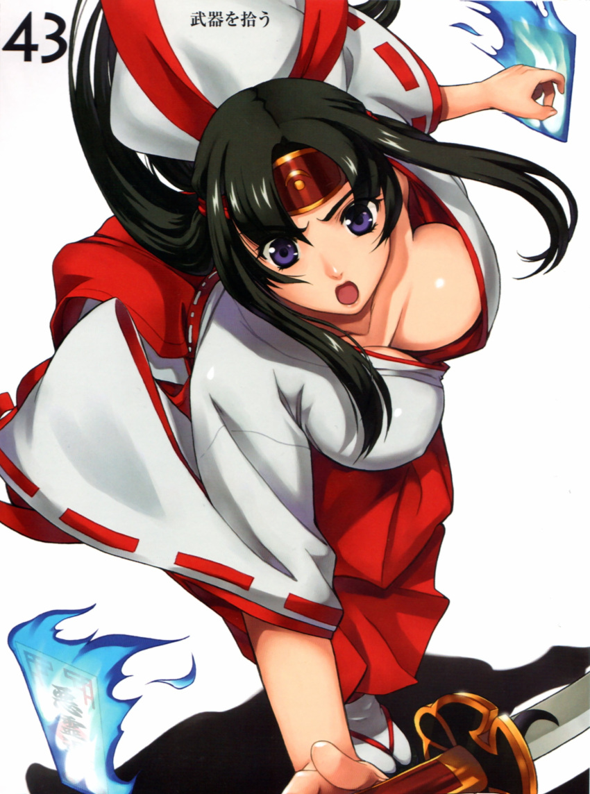 1girl absurdres black_hair breasts downblouse eiwa headband highres japanese_clothes kimono large_breasts long_hair miko ofuda open_mouth queen's_blade red_hakama solo sword tomoe violet_eyes weapon