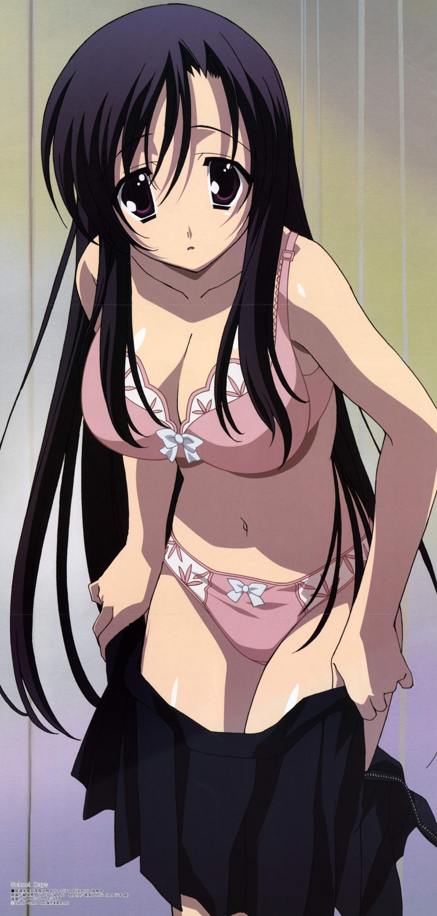 00s 1girl absurdres black_hair bow bow_bra bow_panties bra breasts cleavage gotou_junji highres indoors katsura_kotonoha large_breasts leaning_forward lingerie long_hair megami navel open_clothes open_mouth open_skirt panties pink_panties scan school_days skirt skirt_pull solo surprised underwear underwear_only undressing unzipped very_long_hair violet_eyes zipper