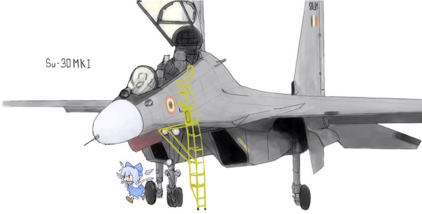 1girl aircraft airplane chibi cirno female fighter_jet jet military military_vehicle solo su-30 touhou wings