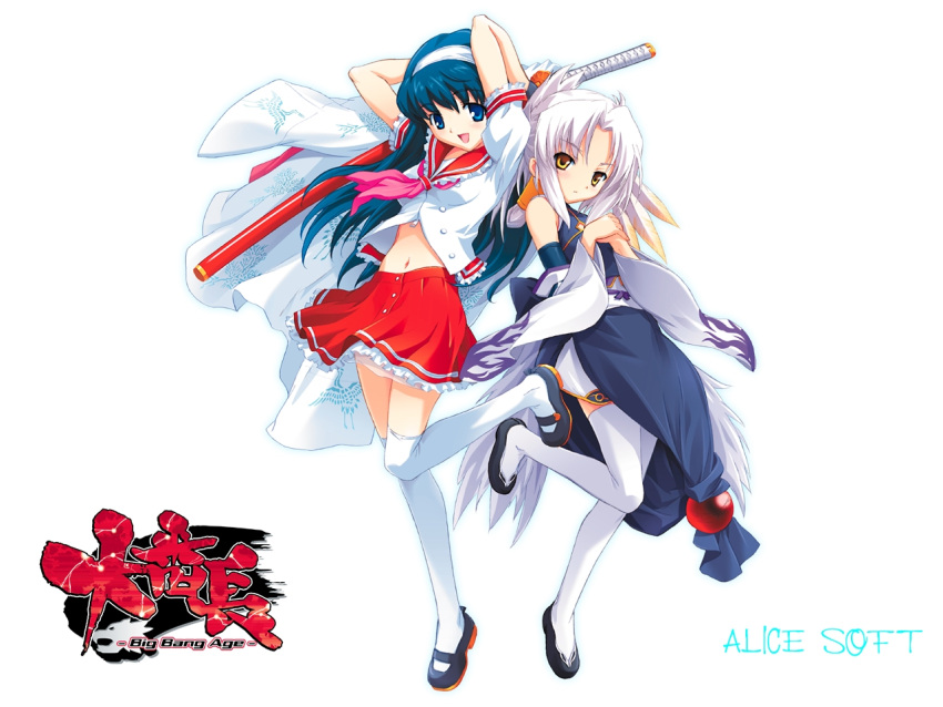 2girls arms_up back-to-back blue_eyes blue_hair daibanchou katana kyoudou_senna leg_lift midriff multiple_girls mutsumi_masato onigirikun school_uniform serafuku skirt sword tenrou_kunagi thigh-highs wallpaper weapon white_hair white_legwear yellow_eyes zettai_ryouiki