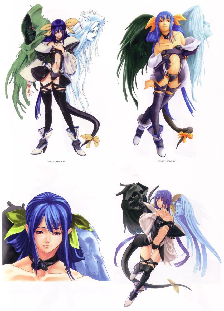 1girl absurdres arc_system_works artbook asymmetrical_wings blue_hair boots choker dizzy guilty_gear guilty_gear_isuka guilty_gear_x guilty_gear_xx highres hino_shinnosuke ishiwatari_daisuke necro necro_(guilty_gear) official_art red_eyes ribbon smile tail tail_ribbon thigh-highs thigh_gap thighs undine_(guilty_gear) wings