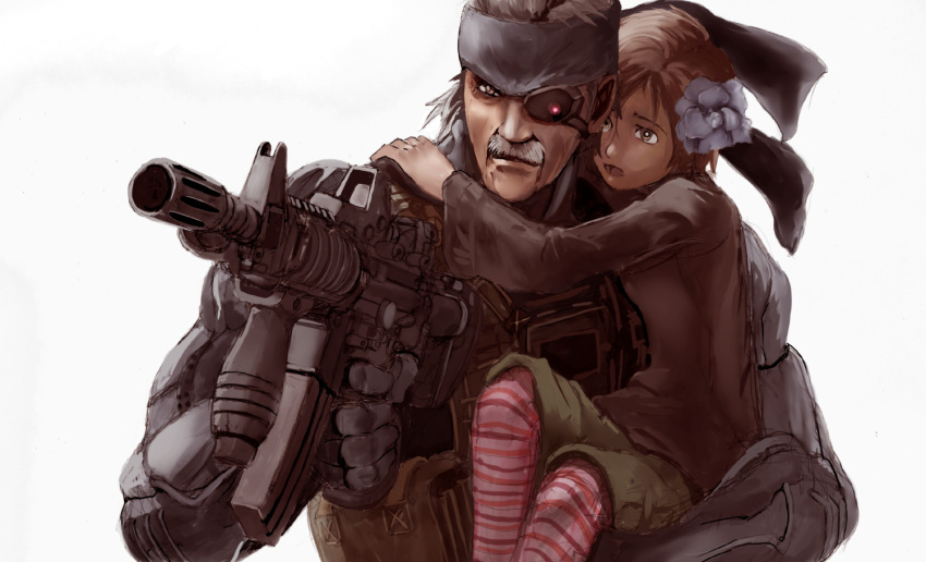 1boy 1girl 30ml assault_rifle bad_id carrying eyepatch facial_hair gun m4_carbine metal_gear_(series) metal_gear_solid_4 mustache old_snake open_mouth rifle short_hair simple_background solid_snake striped sunny_gurlukovich weapon white_background