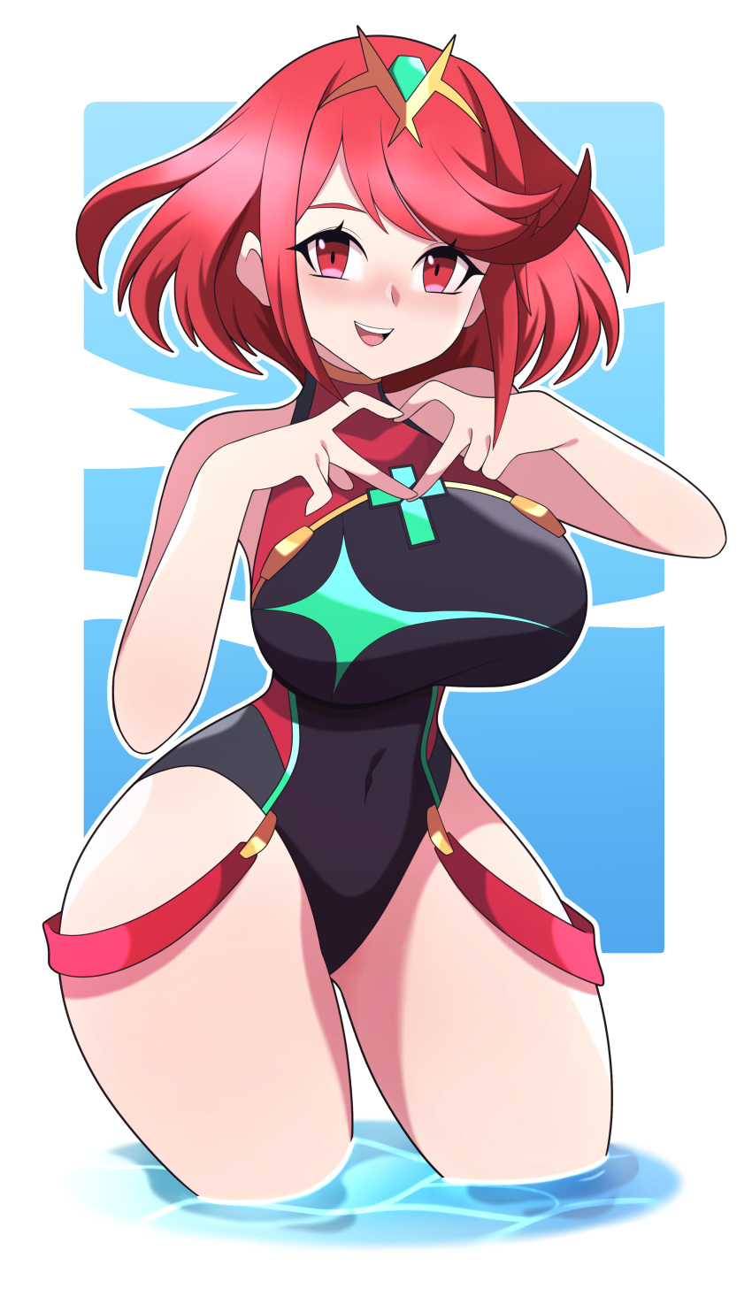 1girl absurdres abysswatchers bangs black_swimsuit breasts chest_jewel competition_swimsuit headpiece highres large_breasts one-piece_swimsuit pyra_(pro_swimmer)_(xenoblade) pyra_(xenoblade) red_eyes red_swimsuit redhead short_hair solo strapless strapless_swimsuit swept_bangs swimsuit tiara two-tone_swimsuit xenoblade_chronicles_(series) xenoblade_chronicles_2