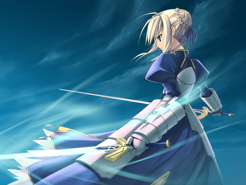 1girl armor armored_dress blonde_hair caliburn dress excalibur fate/stay_night fate_(series) faulds glowing glowing_sword glowing_weapon green_eyes highres saber solo sword wallpaper weapon