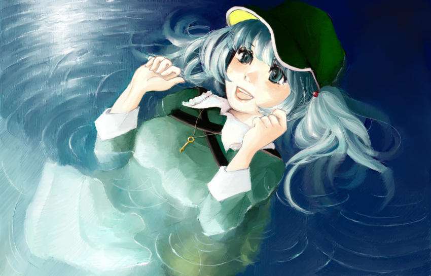 1girl afloat blue_eyes blue_hair female goldregen hat jewelry kawashiro_nitori key necklace paint_(medium) ripples smile solo touhou traditional_media twintails water