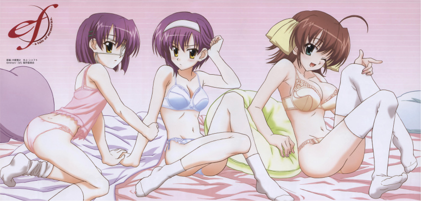 3girls :&lt; ;d absurdres adjusting_hair ahoge arched_back arm_grab arm_support armpits ass back bandage bangs bed bed_sheet blue_eyes blush bra breasts brown_hair camisole cleavage copyright_name crop_top dimples_of_venus ef eyepatch feet flat_chest footwear from_side frown gradient gradient_background green_eyes hair_ornament hair_ribbon hair_tucking hairband hairclip hand_holding hand_on_knee hand_on_own_knee head_tilt heart heart_pillow highres indoors kneeling lace lace-trimmed_bra lace-trimmed_panties large_breasts leaning_forward leg_up legs lingerie long_image looking_at_viewer looking_back loose_socks miyamura_miyako multiple_girls navel no_shoes official_art one_eye_closed ookaji_hiroyuki open_mouth panties parted_bangs pillow pink_panties pointing purple_hair ribbon scan shindou_chihiro shindou_kei short_hair siblings side-tie_panties sisters sitting smile socks striped striped_background thigh-highs twins underwear underwear_only white_bra white_legwear white_panties wide_image wink yellow_bra yellow_eyes yellow_panties