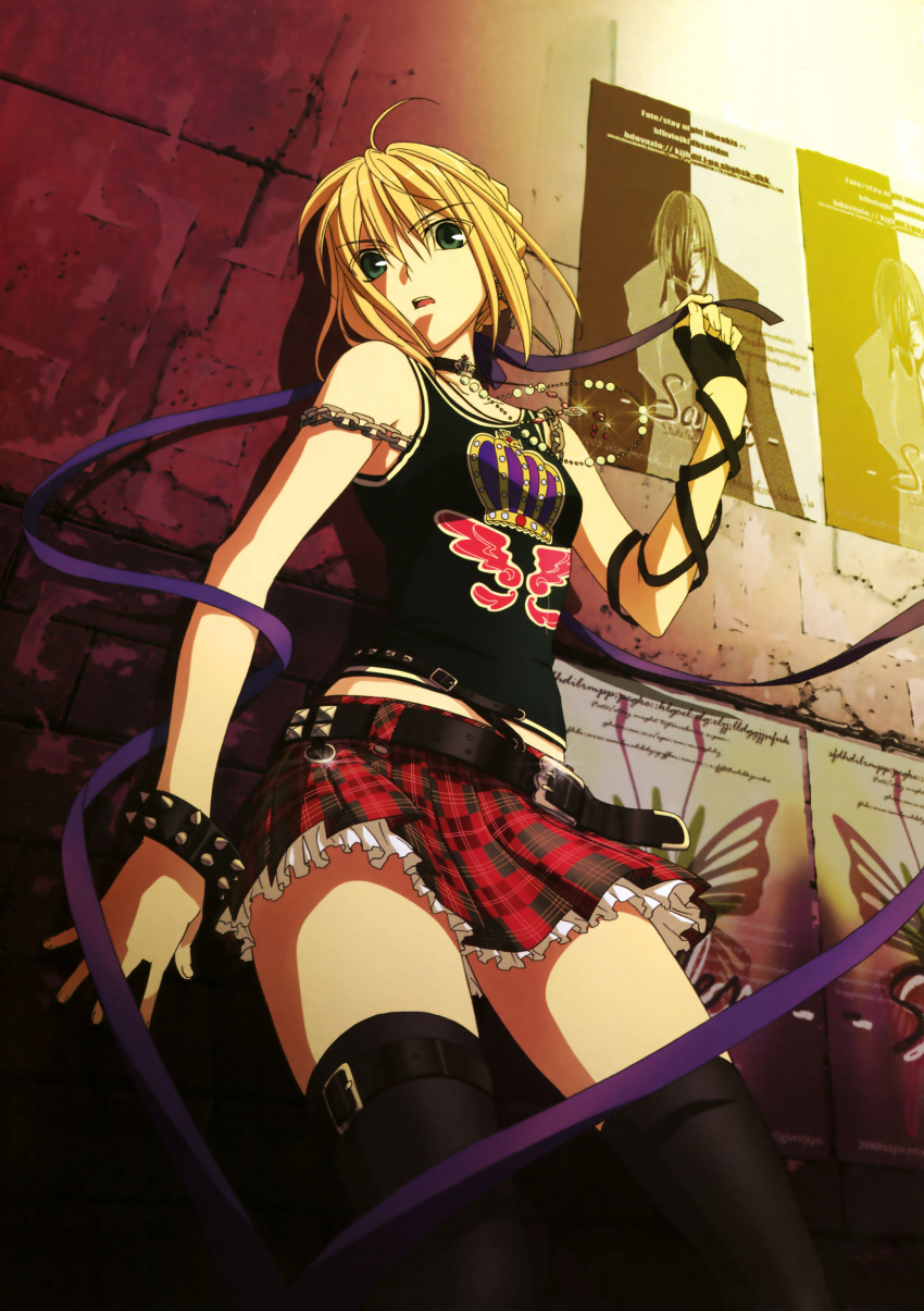 absurdres against_wall ahoge alternate_costume artist_request belt black_legwear blonde_hair bracelet camisole casual chain chains choker contemporary fate/stay_night fate_(series) fingerless_gloves frills gloves green_eyes green_hair highres jewelry kikuchi_youko looking_at_viewer necklace open_mouth plaid punk ribbon saber scan single_glove skirt solo strap tank_top tartan thigh-highs thighhighs zettai_ryouiki