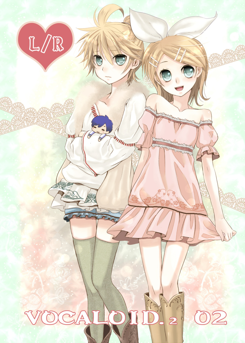 blue_eyes blue_hair boots casual chibi crossdressing crossdressinging dress hair_ornament hairclip highres kagamine_len kagamine_rin kaito ribbon siblings tamara thigh-highs thighhighs trap twins vocaloid zettai_ryouiki