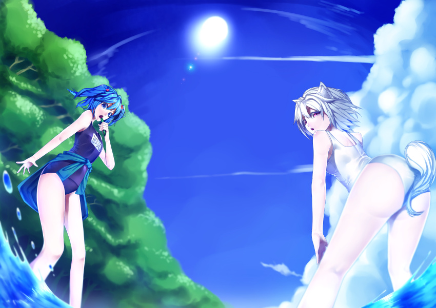 2girls absurdres animal_ears ass back blue_eyes blue_hair clouds cucumber forest grass hair_bobbles hair_ornament highres inubashiri_momiji jacket kawashiro_nitori multiple_girls nature no_hat no_headwear open_mouth red_eyes river school_swimsuit short_hair sky smile sun swimsuit tail touhou tree twintails uu_uu_zan water white_hair white_school_swimsuit white_swimsuit wolf_ears wolf_tail