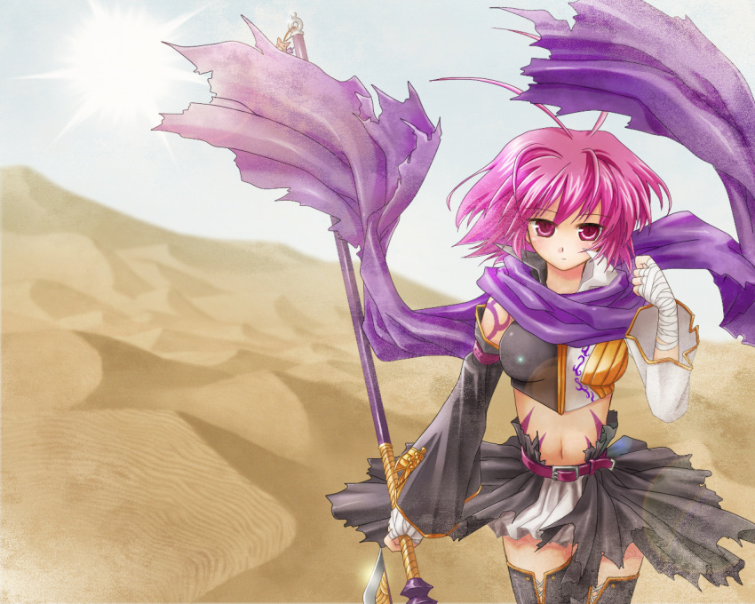 antenna_hair bandage bandages desert detached_sleeves kagetsu_too koihime_musou midriff pink_hair polearm red_eyes ryofu scarf short_hair spear tattoo thigh-highs thighhighs torn_clothes weapon