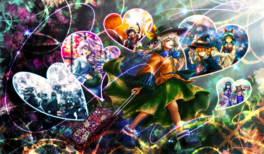 black_hair blonde_hair closed_eyes creepy eyes flower frog green_hair hakurei_reimu hat heart highres ibuki_suika kaenbyou_rin kaenbyou_rin_(cat) kawashiro_nitori kirisame_marisa kochiya_sanae komeiji_koishi komeiji_satori lipstick luggage moriya_suwako musaku_(artist) musaku_(conga) patchouli_knowledge purple_eyes red_eyes reiuji_utsuho ribbon rose shameimaru_aya silver_hair snake subterranean_animism thorns touhou violet_eyes yakumo_yukari yellow_eyes