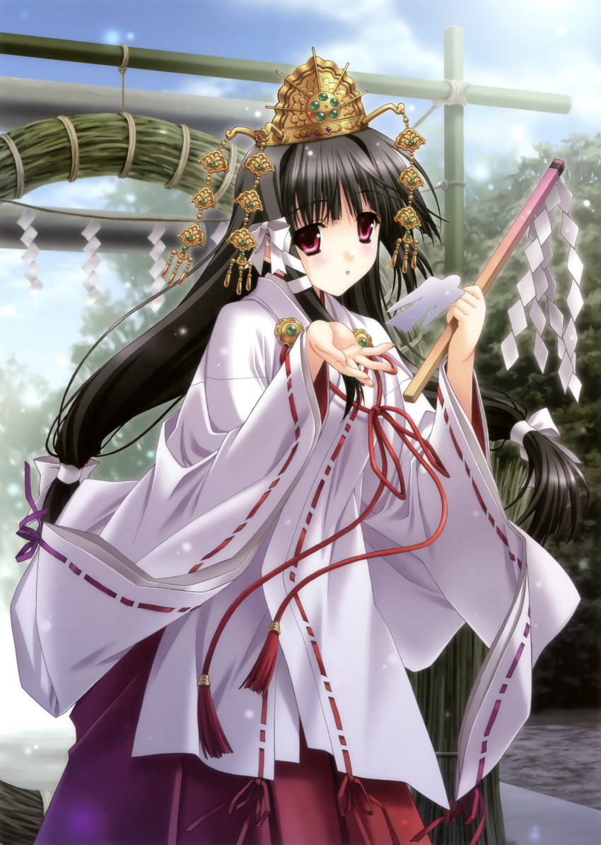 1girl :o absurdres black_hair blush bow chihaya_(clothing) crown gohei hair_bow hakama highres japanese_clothes kimizuka_aoi long_hair low-tied_long_hair miko open_hand original ribbon-trimmed_sleeves ribbon_trim rope scan shide shimenawa solo tassel twintails very_long_hair violet_eyes wide_sleeves