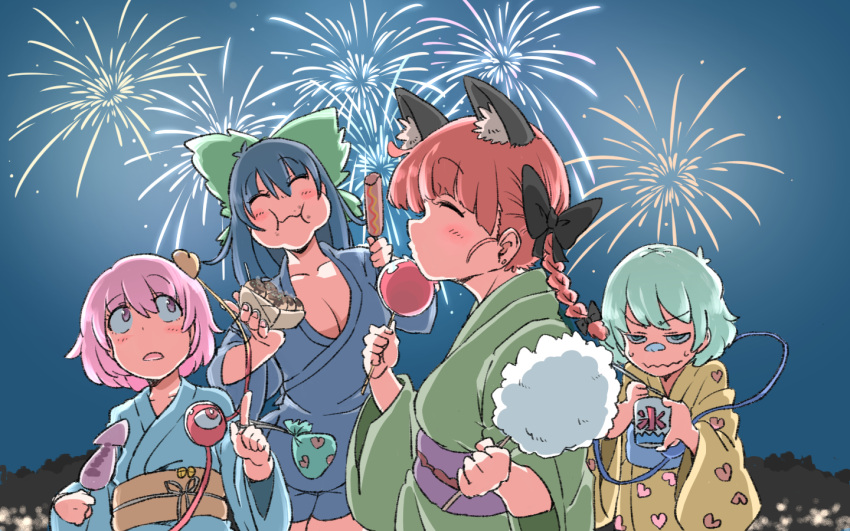 /\/\/\ animal_ears black_bow black_hair blue_yukata bow braid breasts candy_apple cat_ears chewing cleavage closed_eyes cotton_candy cup eating eyeball eyebrows_visible_through_hair fireworks food green_eyes green_hair green_yukata hair_between_eyes hair_bow heart heart_of_string heart_print holding holding_food hot_dog japanese_clothes jitome kaenbyou_rin kimono komeiji_koishi komeiji_satori kuzutetsu_no_viper long_sleeves mug night no_hairband no_hat no_headwear obi open_mouth pink_eyes pointing pouch puffed_cheeks redhead reiuji_utsuho sash short_hair squid sweatdrop takoyaki third_eye touhou wide_sleeves yellow_yukata yukata