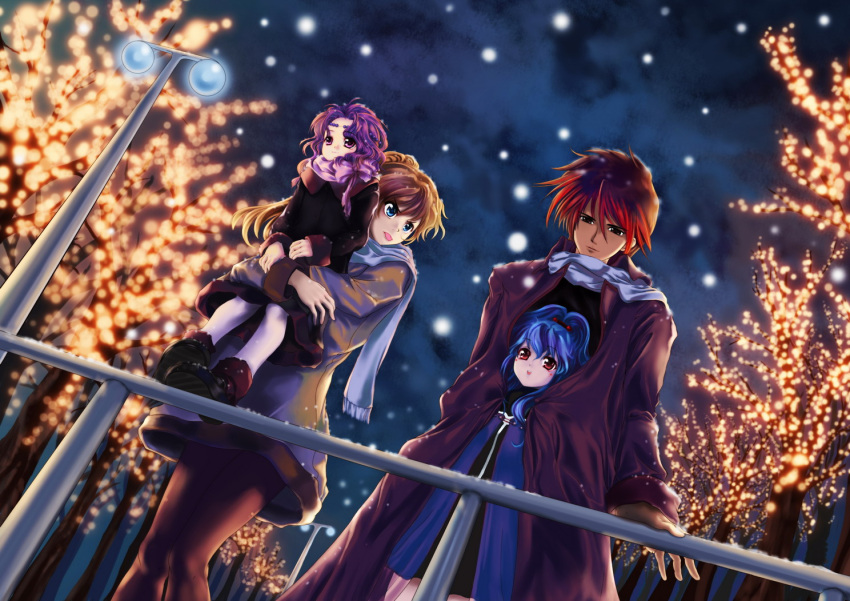 1boy 3girls :p alfimi banpresto blue_eyes carrying excellen_browning kyosuke_nanbu kyousuke_nanbu lemon_browning multiple_girls nanbu_kyosuke night outdoors pantyhose scarf shared_coat snow spoilers st.microscope super_robot_wars thigh-highs tongue tongue_out tree trench_coat winter