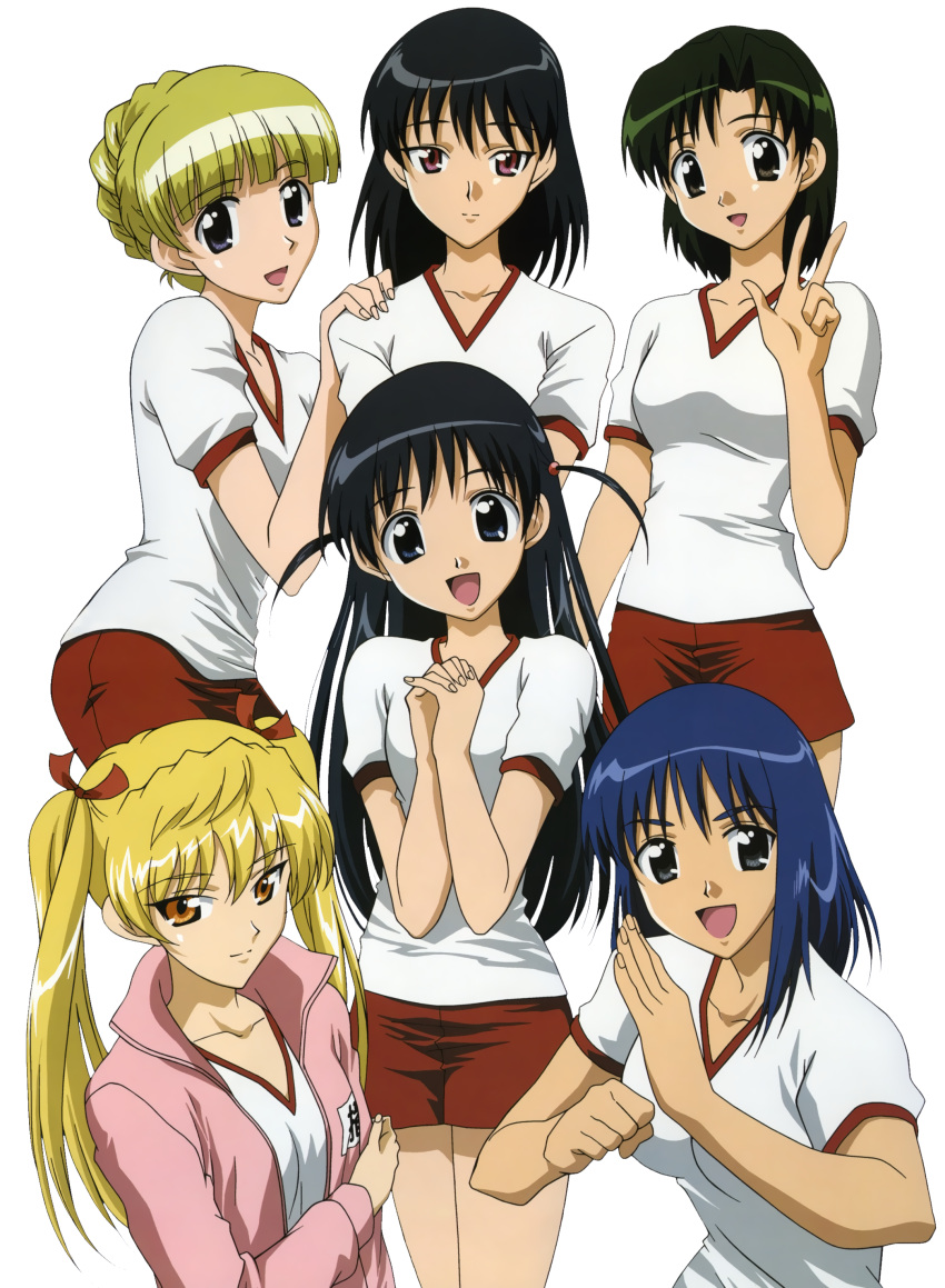 00s 6+girls :d absurdres arm_grab bangs black_eyes black_hair blonde_hair blue_eyes blue_hair blunt_bangs clenched_hand everyone fighting_stance green_hair gym_shorts gym_uniform hair_between_eyes hair_bun hair_ornament hair_ribbon hand_on_another's_shoulder hands_clasped hands_together highres holding_arm ichijou_karen jacket kanasaki_takaomi light_smile long_hair looking_at_viewer multiple_girls official_art open_clothes open_jacket open_mouth orange_eyes parted_bangs pose ribbon sarah_adiemus sawachika_eri school_rumble shirt short_hair short_twintails shorts siblings simple_background sisters smile suou_mikoto t-shirt transparent_background tsukamoto_tenma tsukamoto_yakumo twintails two_side_up v violet_eyes