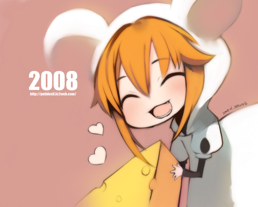 00s 2008 animal_costume animal_ears cheese chibi closed_eyes fangs heart mouse mouse_costume mouse_ears orange_hair puti_devil wallpaper