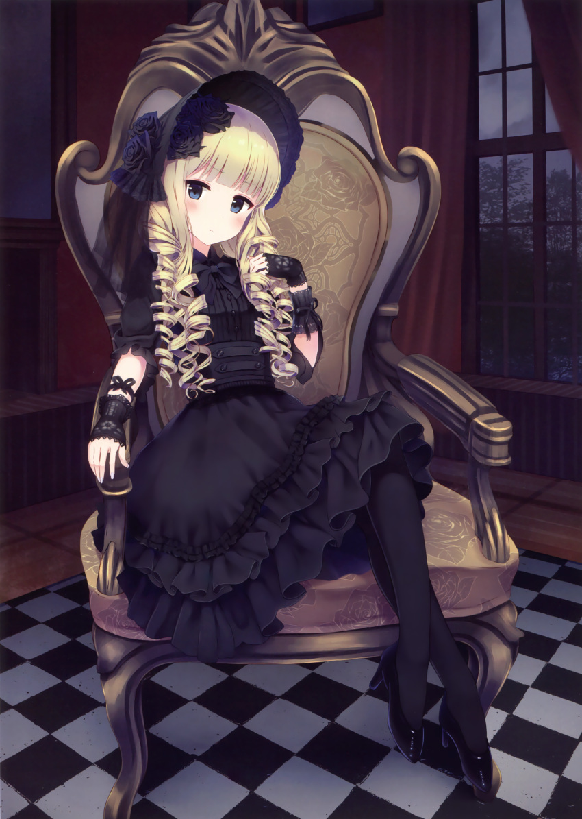 1girl absurdres alc_(ex2_lv) armchair bangs black_dress black_gloves black_hat black_legwear black_rose black_shoes blonde_hair blue_eyes blunt_bangs blush bonnet chair checkered checkered_floor curtains dress dress_bow drill_hair fingerless_gloves flower frilled_dress frills gloves gothic_lolita hat hat_flower head_tilt high_heels highres lace lace-trimmed_gloves legs_crossed lolita_fashion long_hair looking_at_viewer original pantyhose rose scan shoes sitting solo too_many_drills window