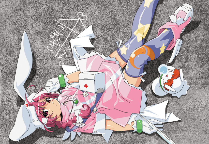 00s 1girl ahoge animal_ears animal_hat ankle_boots blush_stickers boots bow bracelet braid gloves hair_bow hat jewelry looking_up lying mugimaru nakahara_komugi necklace nose_bubble nurse_witch_komugi-chan pink_eyes pink_hair pouch print_legwear purple_legwear rabbit_ears shoes sleeping snot solo thigh-highs white_gloves winged_shoes wings