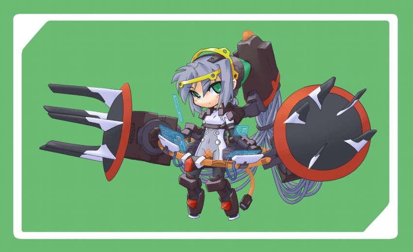 1girl chibi claw_(weapon) full_body green_background green_eyes huge_weapon looking_at_viewer machinery mecha_musume mof original simple_background solo standing weapon
