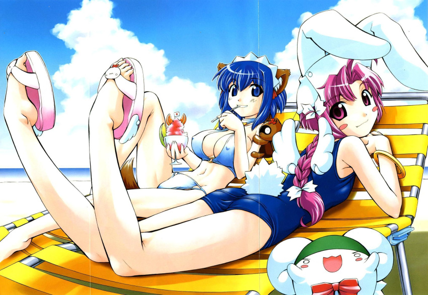 00s 2girls animal_ears beach bikini blue_eyes blue_hair blush bracelet braid breasts bunny_tail cleavage clouds crease dessert erect_nipples feet flat_chest food hairband highres jewelry kokubunji_koyori large_breasts leg_lift legs_up looking_back lying maid midriff mugimaru multiple_girls nakahara_komugi nakajima_rei nurse_witch_komugi-chan on_stomach one-piece_swimsuit pink_eyes pink_hair posokichi purple_hair rabbit_ears sandals scan school_swimsuit shaved_ice short_hair single_braid sky smile swimsuit tail toes tooth violet_eyes water wings