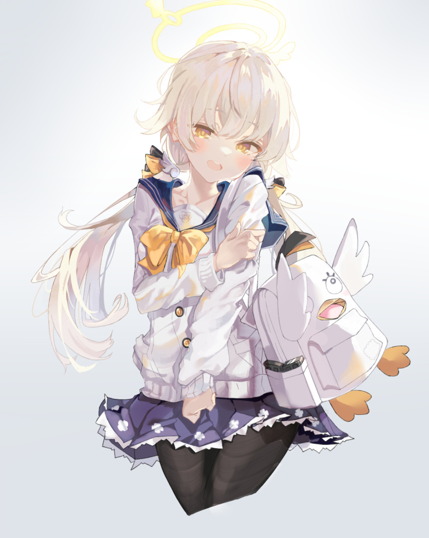 1girl bag black_legwear blonde_hair blue_archive blue_sailor_collar blue_skirt blush buttons cardigan emblem eyebrows_visible_through_hair hair_ribbon halo hifumi_(blue_archive) highres holding holding_own_arm huuuuu_(ddakji79) long_hair long_sleeves looking_at_viewer low_twintails magazine_(weapon) open_mouth peroro_(blue_archive) ribbon sailor_collar school_uniform serafuku simple_background skirt skit sleeves_past_wrists smile solo stuffed_animal stuffed_toy thigh-highs twintails white_background white_bag white_cardigan yellow_eyes yellow_ribbon
