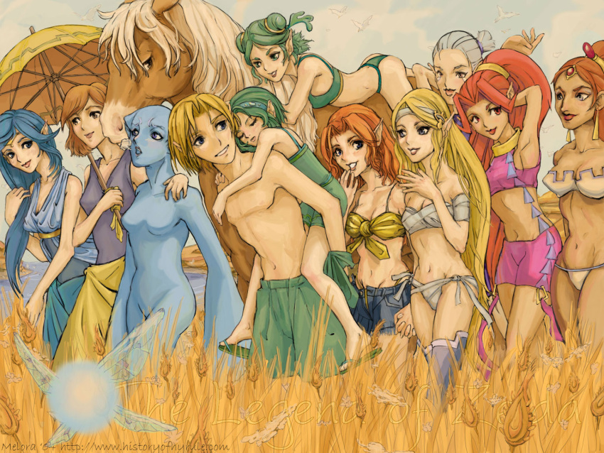 1boy 6+girls anju bikini blonde_hair blue_eyes blue_hair carrying din english epona everyone fairy farore gerudo green_eyes green_hair groin hairband harem highres horse impa kokiri link long_hair male_swimwear malon mare_(horse) marin_(the_legend_of_zelda) melora mound_of_venus multiple_girls nabooru navel navi nayru nintendo orange_hair pimp pointy_ears princess_ruto princess_zelda red_eyes redhead saria summer swim_trunks swimsuit the_legend_of_zelda the_legend_of_zelda:_link's_awakening the_legend_of_zelda:_ocarina_of_time the_legend_of_zelda:_oracle_of_ages the_legend_of_zelda:_oracle_of_seasons umbrella very_long_hair violet_eyes wallpaper watermark wheat zora