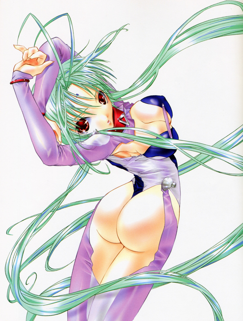 00s 1girl armpits ass breasts cleavage collar dears green_hair highres large_breasts looking_back red_eyes ren_(dears) solo wide_hips