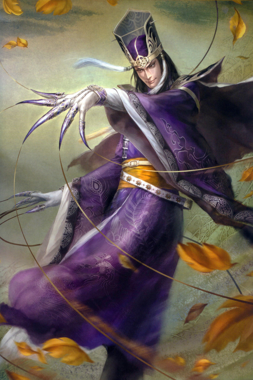 1boy absurdres claws gradient gradient_background hat highres male_focus scan shin_sangoku_musou sima_yi solo