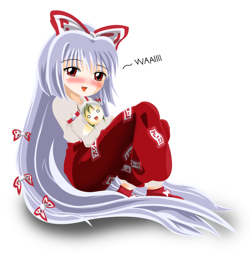 1girl bangs blush bow character_doll eyebrows fang female fujiwara_no_mokou hair_bow hair_ribbon highres horns kamishirasawa_keine long_hair long_sleeves looking_at_viewer ofuda open_mouth pants red_eyes red_shoes ribbon shoes simple_background sitting smile solo touhou tress_ribbon very_long_hair white_background white_hair