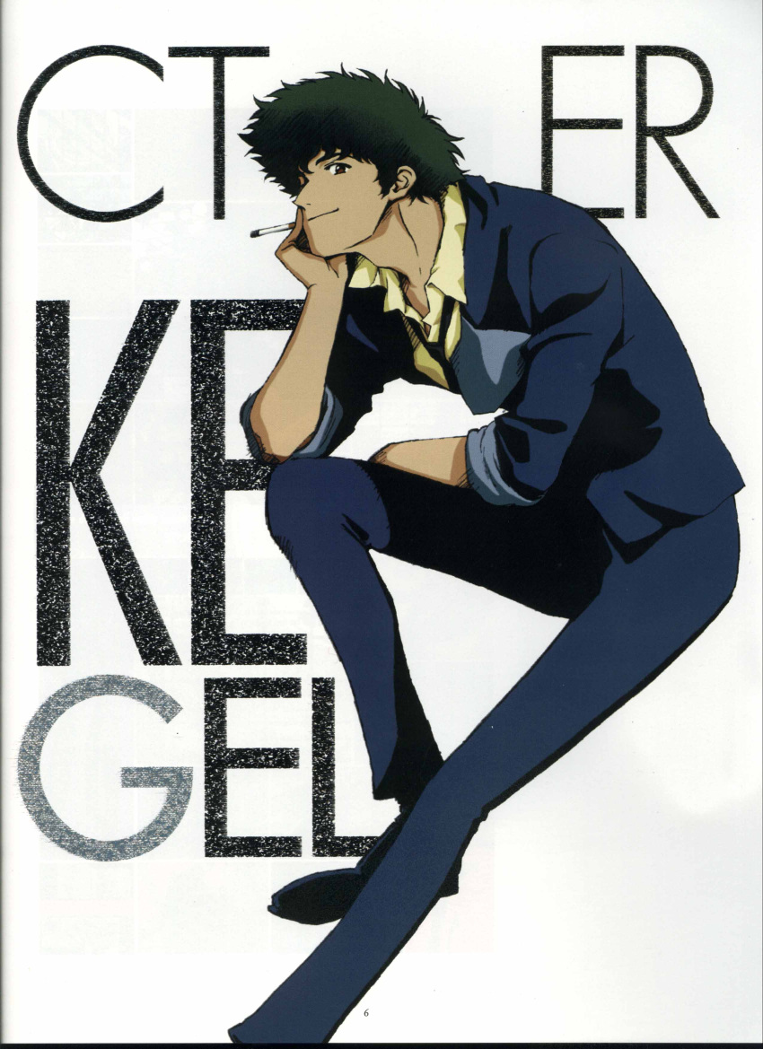 1boy 90s absurdres black_hair brown_eyes character_name chin_rest cigarette cowboy_bebop formal highres jacket long_sleeves looking_at_viewer male_focus official_art pants shirt simple_background sitting smoke solo spike_spiegel spiky_hair suit white_background yellow_shirt