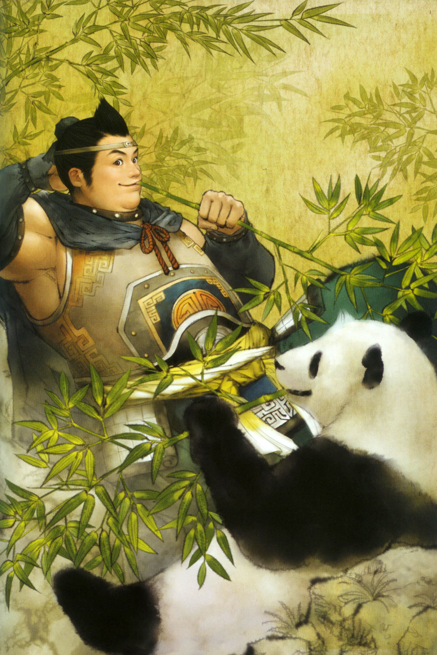 1boy absurdres armor bamboo bamboo_forest forest highres male_focus nature outdoors panda plant scan shin_sangoku_musou solo xu_zhu