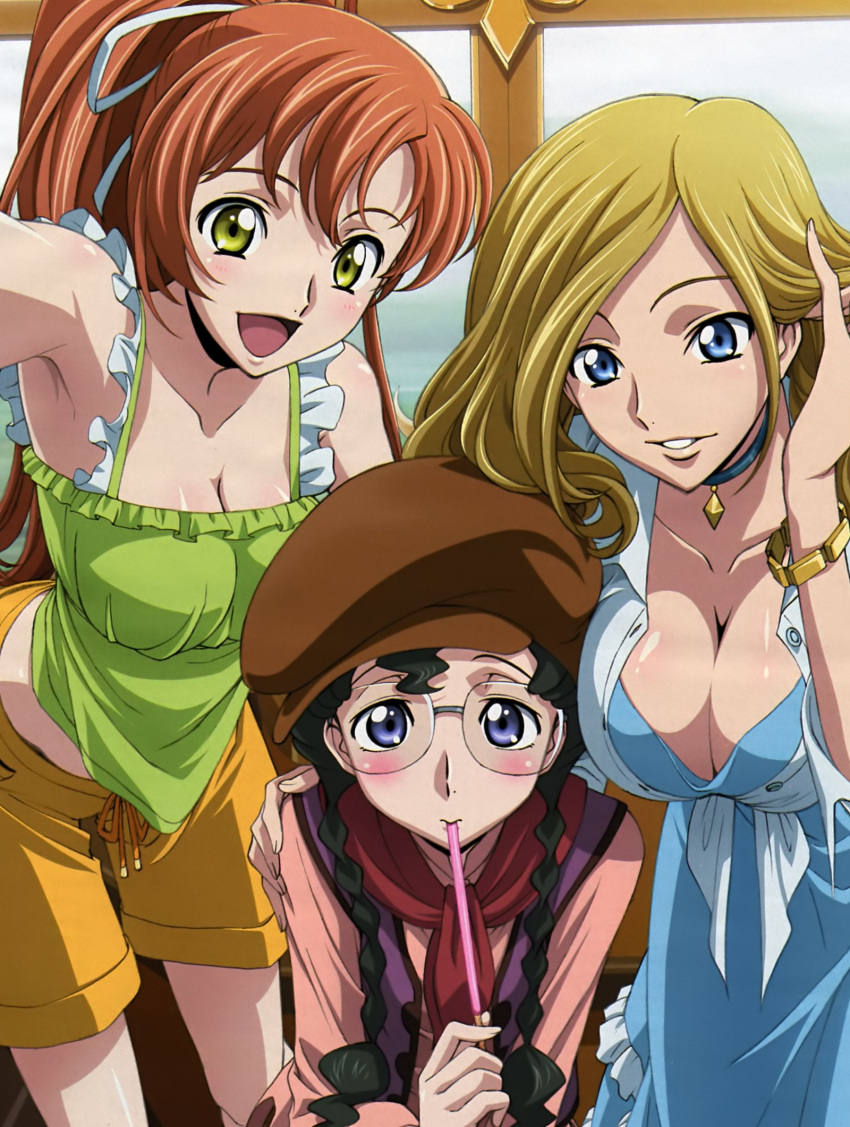 3girls armpits black_hair blonde_hair blue_eyes blush bracelet braid breasts brown_hair camisole choker cleavage code_geass dress glasses green_eyes hair_ribbon hat highres huge_breasts jewelry large_breasts leaning_forward long_hair midriff milly_ashford mouth_hold multiple_girls nina_einstein official_art open_clothes open_mouth open_shirt ponytail ribbon shirley_fenette shirt shorts twin_braids