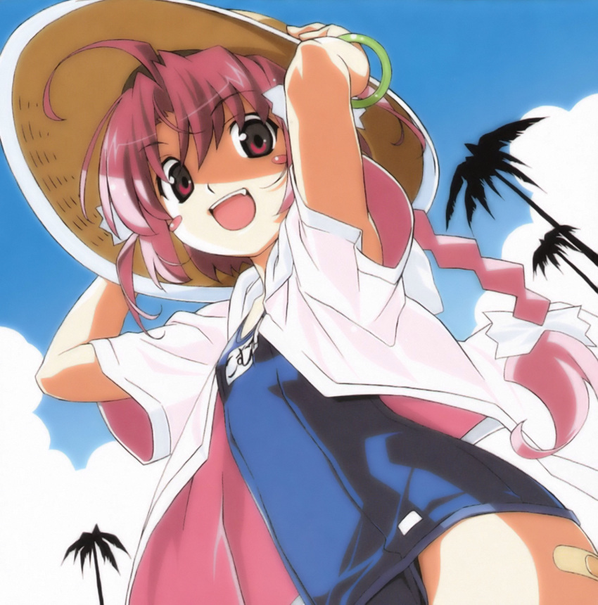00s 1girl :d arms_up bandaid blush_stickers flat_chest from_below hands_on_headwear hat highres nakahara_komugi no_pants nurse_witch_komugi-chan one-piece_swimsuit open_clothes open_mouth open_shirt palm_tree pink_hair school_swimsuit shirt sky smile solo straw_hat sun_hat swimsuit swimsuit_under_clothes tree watanabe_akio