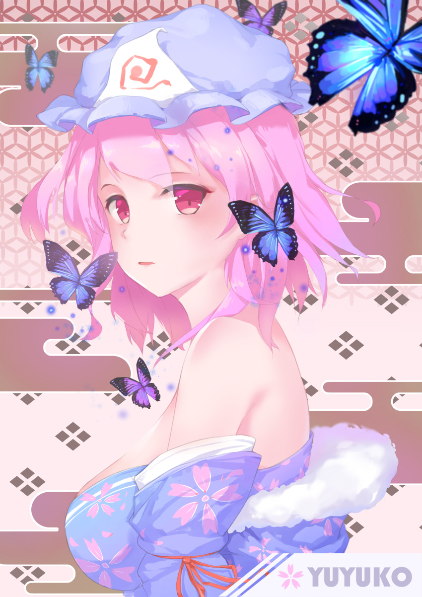1girl absurdres bangs bare_shoulders blue_dress blue_headwear blush breasts bug butterfly character_name dress eyebrows_visible_through_hair floral_print from_side fur_trim hat highres insect large_breasts looking_at_viewer mob_cap off-shoulder_dress off_shoulder parted_lips pink_eyes pink_hair repoi saigyouji_yuyuko short_hair solo touhou triangular_headpiece upper_body