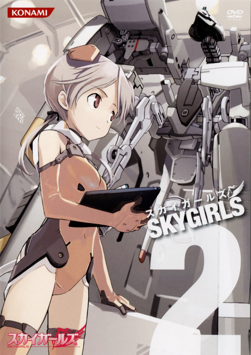1girl bangs bare_shoulders breasts ceiling copyright_name cover cover_page covered_navel cowboy_shot dvd_cover elbow_gloves flat_chest from_below from_side gloves hair_ribbon halterneck headgear highres holding leotard light_smile logo looking_to_the_side low_twintails mecha motionslit number official_art orange_gloves orange_legwear parted_bangs pilot_suit ribbon scan shimada_fumikane short_twintails silhouette silver_hair sky_girls small_breasts smile solo sonic_diver sonic_diver_fu-jin sonomiya_karen thigh-highs turtleneck twintails violet_eyes