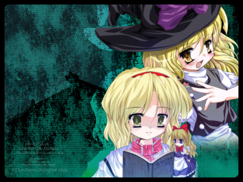 2girls :d akahito alice_margatroid apron black_dress blank_eyes blonde_hair blue_dress doll dress expressionless female flying hat highres kirisame_marisa looking_at_viewer multiple_girls open_mouth shaded_face shanghai_doll size_difference smile touhou waist_apron wallpaper wavy_hair witch_hat