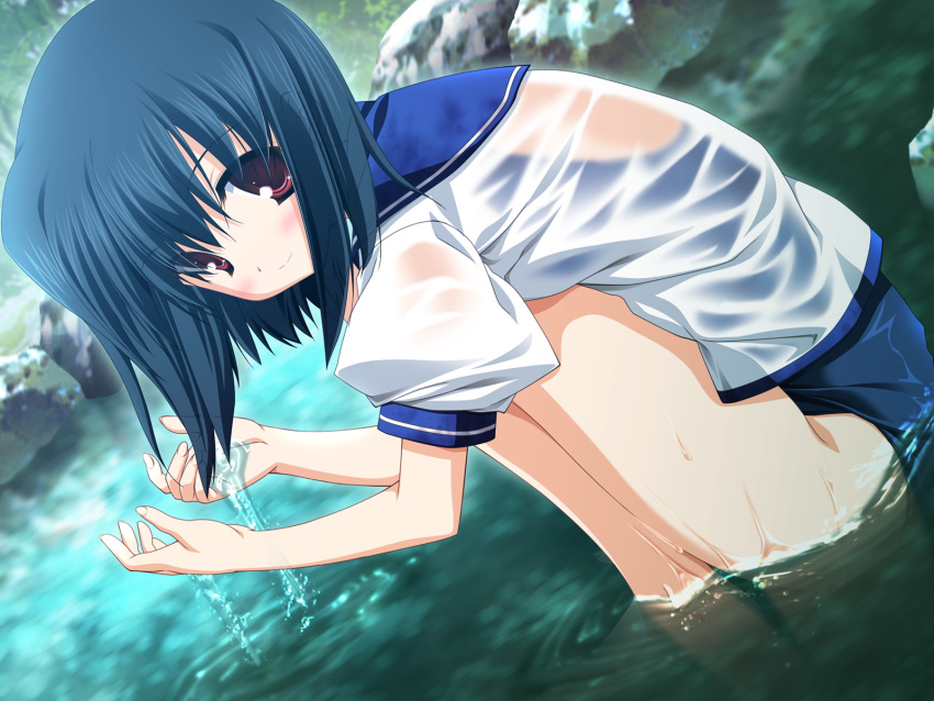 1girl bath black_hair blush hagiwara_onsen highres izumi_rikka lake nature no_pants one-piece_swimsuit outdoors primitive_link red_eyes river school_swimsuit school_uniform see-through serafuku short_hair solo squatting swimsuit swimsuit_under_clothes wading water wet wet_clothes