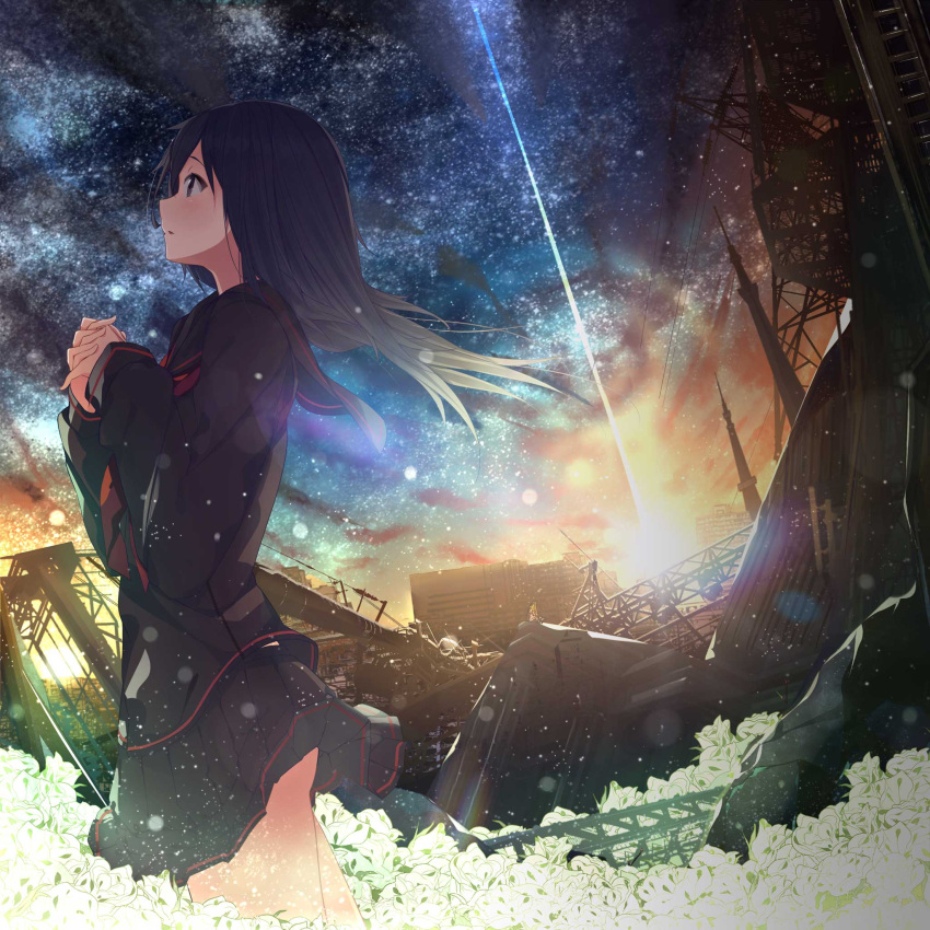 1girl album_cover black_hair black_serafuku brown_eyes cover flower from_side hands_clasped highres jpeg_artifacts light_particles looking_up night night_sky nmaaaaa original post-apocalypse school_uniform serafuku skirt sky solo star_(sky) starry_sky wreckage