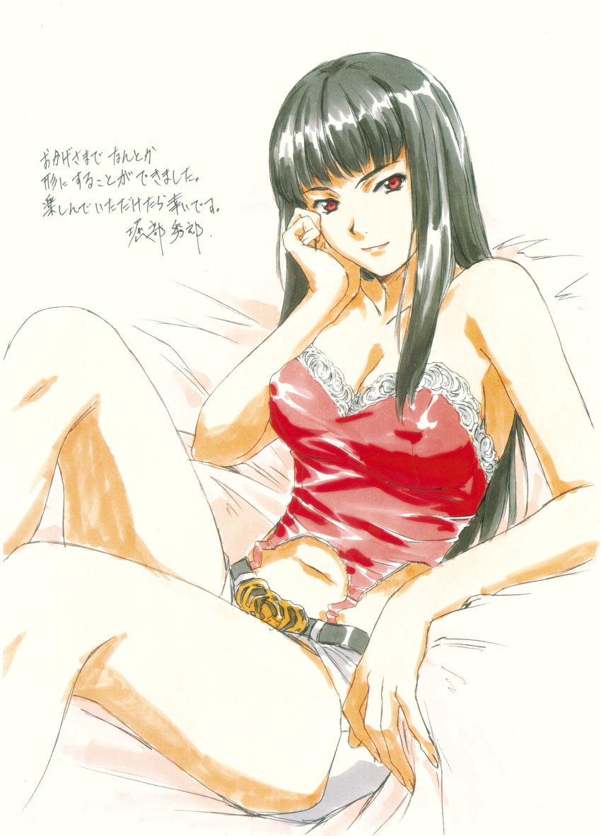 1girl absurdres black_hair breasts camisole erect_nipples hand_on_own_cheek hand_on_own_face highres horibe_hiderou large_breasts long_hair red_eyes scan short_shorts shorts sitting solo text