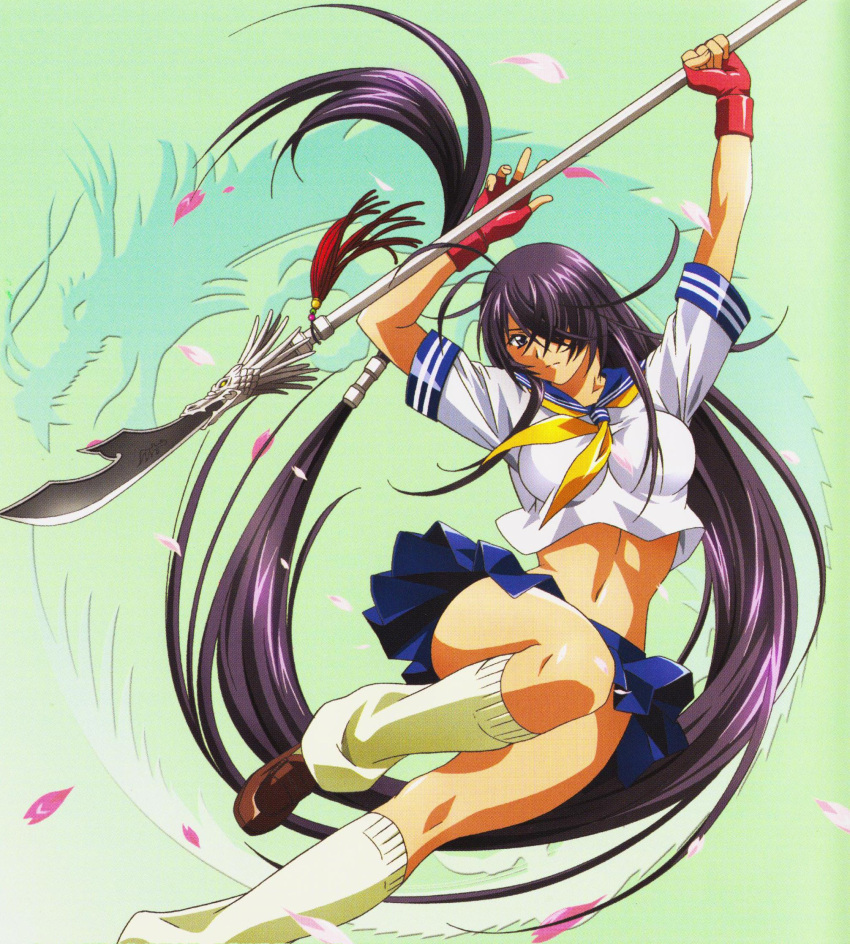 00s 1girl antenna_hair arms_up bangs beads breasts cherry_blossoms convenient_leg crop_top crop_top_overhang dragon fingerless_gloves floating_hair full_body gloves gradient gradient_background green_background hair_over_one_eye highres holding holding_weapon ikkitousen ikkitousen_dragon_destiny kan'u_unchou kneehighs large_breasts leg_lift loafers long_hair looking_at_viewer loose_socks low-tied_long_hair midriff miniskirt naginata navel neckerchief official_art petals pleated_skirt polearm purple_hair red_gloves rin-sin scan school_uniform serafuku shirt shoes short_sleeves sidelocks skirt sleeve_cuffs socks solo spear tan taut_clothes taut_shirt tied_hair very_long_hair weapon white_legwear