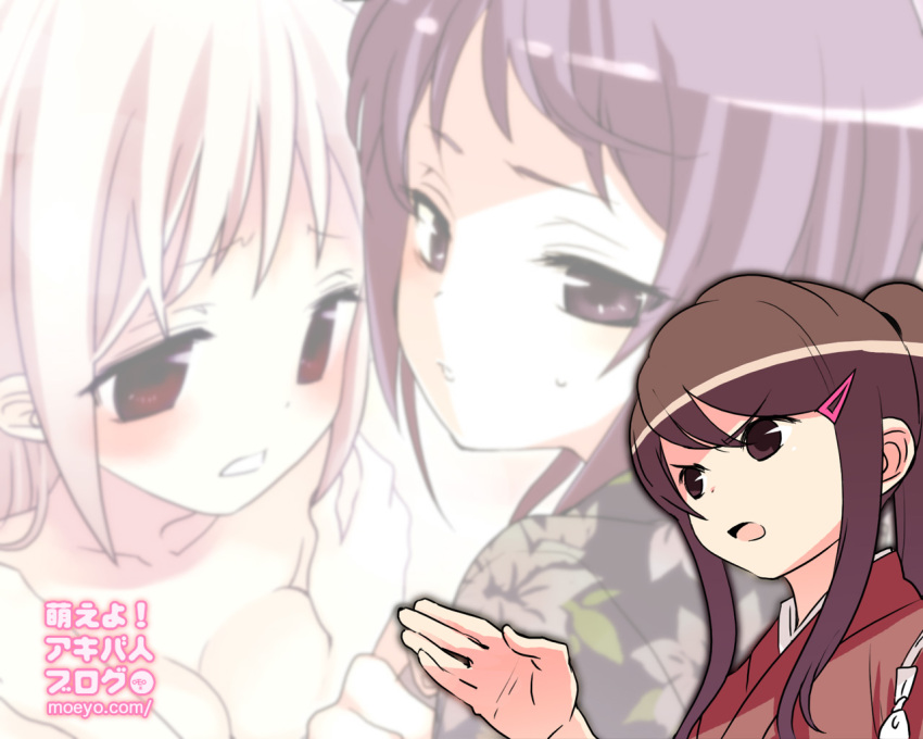 3girls :d breasts cleavage close-up collarbone dress eyebrows eyebrows_visible_through_hair fii-tan fii-tan_the_figure japanese_clothes kuroda_bb maho multiple_girls open_mouth purple_hair red_dress red_eyes ripe-tan sidelocks silver_hair smile upper_body wallpaper
