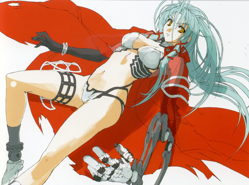 1girl absurdres antenna_hair aqua_hair blue_hair boots bracelet breasts cape cleavage dutch_angle elbow_gloves gloves hanawa_momiji highres jewelry jingai_makyou large_breasts long_hair mechanical_arm midriff navel nishii_(nitroplus) panties simple_background solo thigh_strap torn_clothes underwear very_long_hair white_panties yellow_eyes