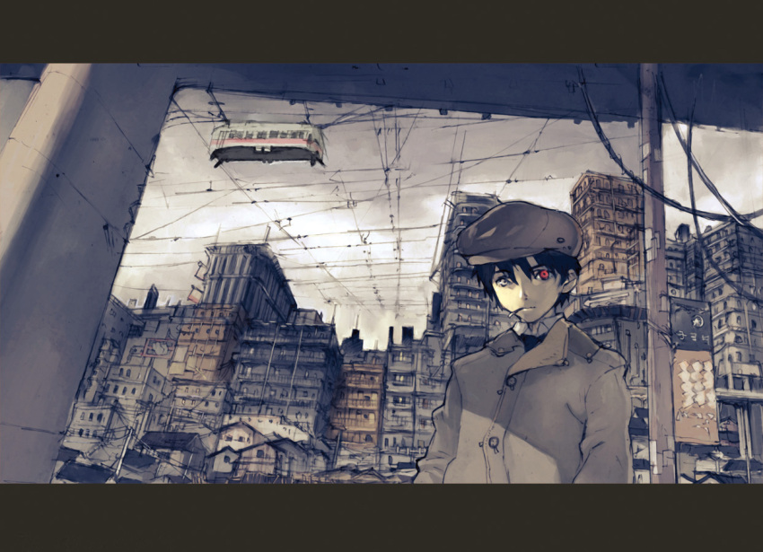 1boy city cityscape clouds cloudy_sky hat heterochromia humi male_focus original power_lines red_eyes sky solo streetcar toi8