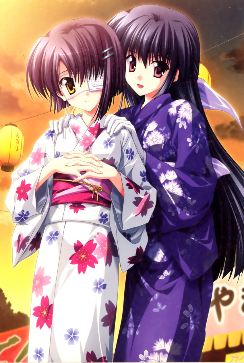 2girls absurdres amamiya_yuuko ef eyepatch festival highres japanese_clothes kimono lantern long_hair multiple_girls nanao_naru shindou_chihiro short_hair yukata