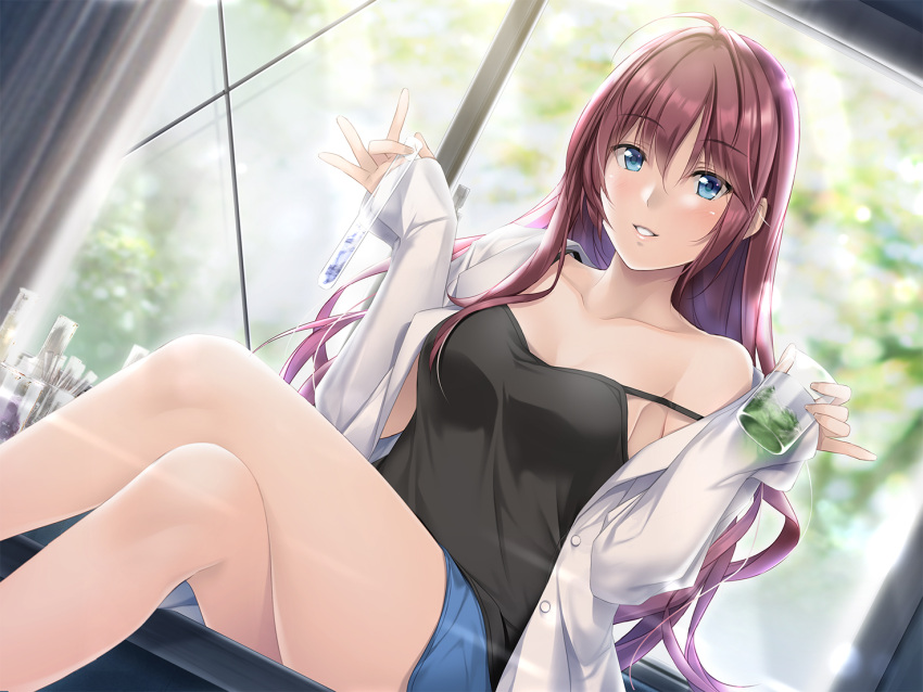 1girl bangs bare_legs bare_shoulders blue_eyes blue_shorts blurry_background blush breasts brown_hair camisole collarbone curtains dutch_angle eyebrows_visible_through_hair holding ichinose_shiki idolmaster idolmaster_cinderella_girls indoors labcoat legs_crossed long_hair long_sleeves looking_at_viewer nayuta69 off_shoulder open_labcoat pinky_out shiny shiny_hair shorts sitting sleeves_past_wrists smile solo spaghetti_strap strap_gap strap_slip test_tube unbuttoned window